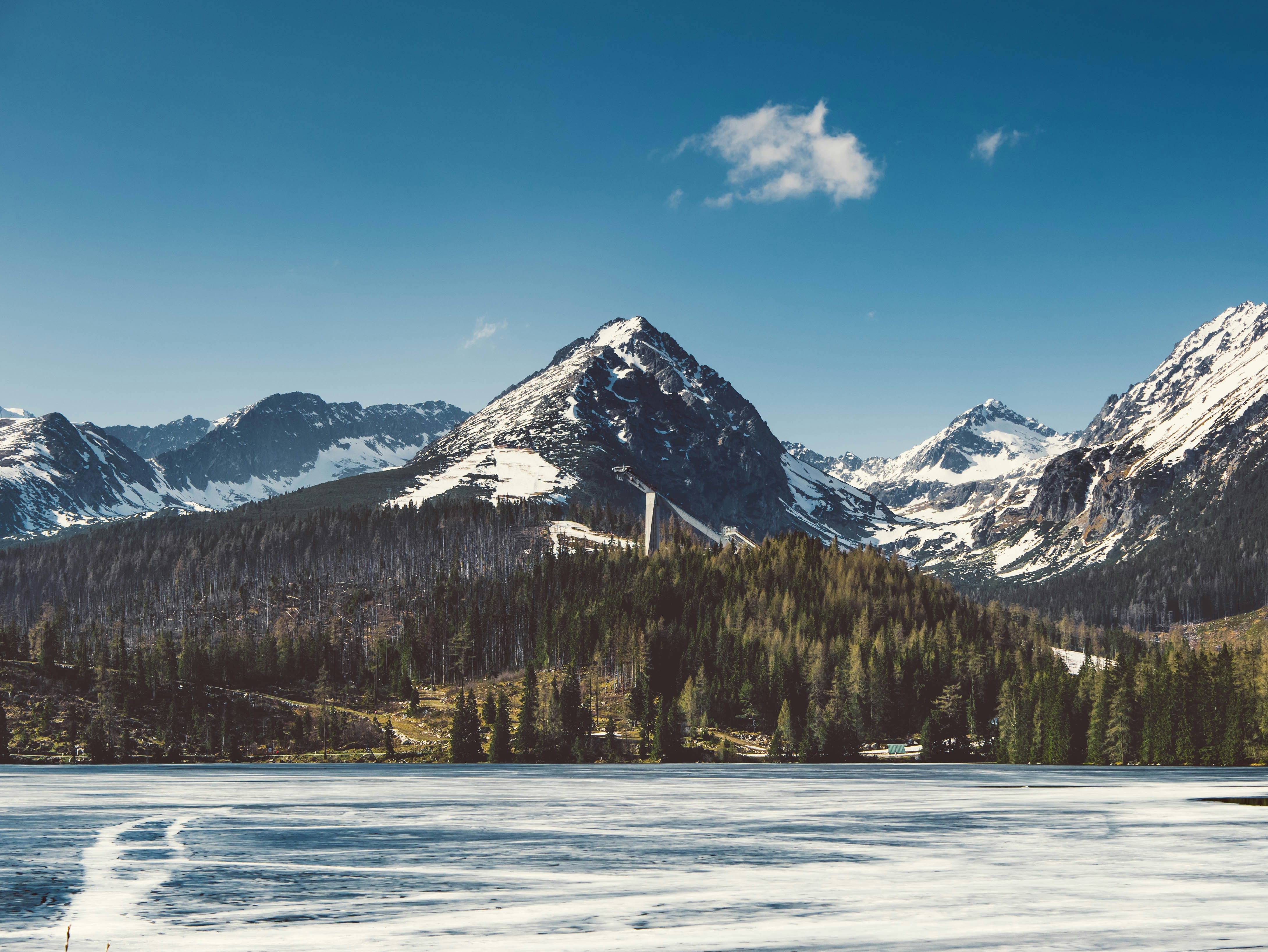 snow-covered mountains near trees and frozen lake during daytime